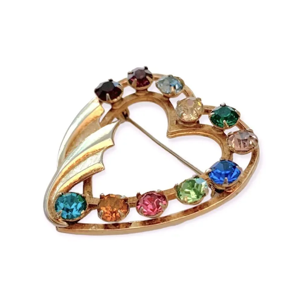 Vintage Catamore 12KGF Rhinestone Heart Brooch